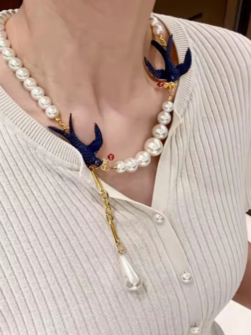 Vintage Pearl Necklace with Navy Bird Accents